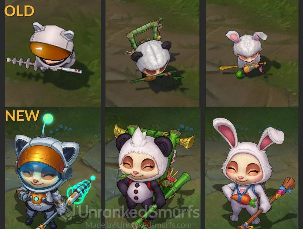 astronaut, cottontail and panda teemo skins new and old