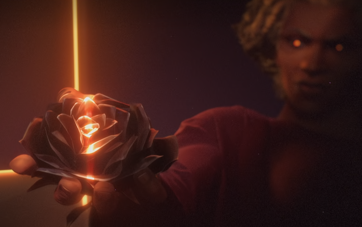 Ambessa with a burning rose in hand intro to Arcane